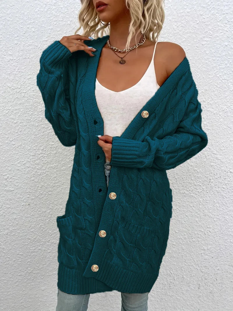 Women's Long Twisted-Knit Button-Front Cardigan Sweater
