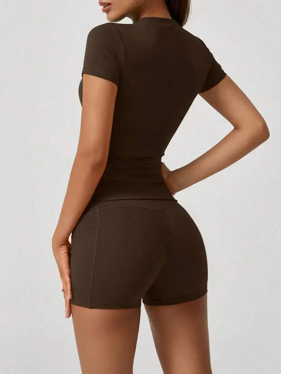 Women's Sculpting Sports Short Sleeve & High-Waist Shorts Set