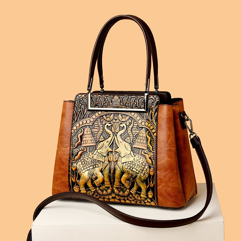 New Vintage Embossed Handmade Handbag For Women Versatile PU Leather Shoulder Bag 3 Layers Large Capacity Crossbody Bags Female