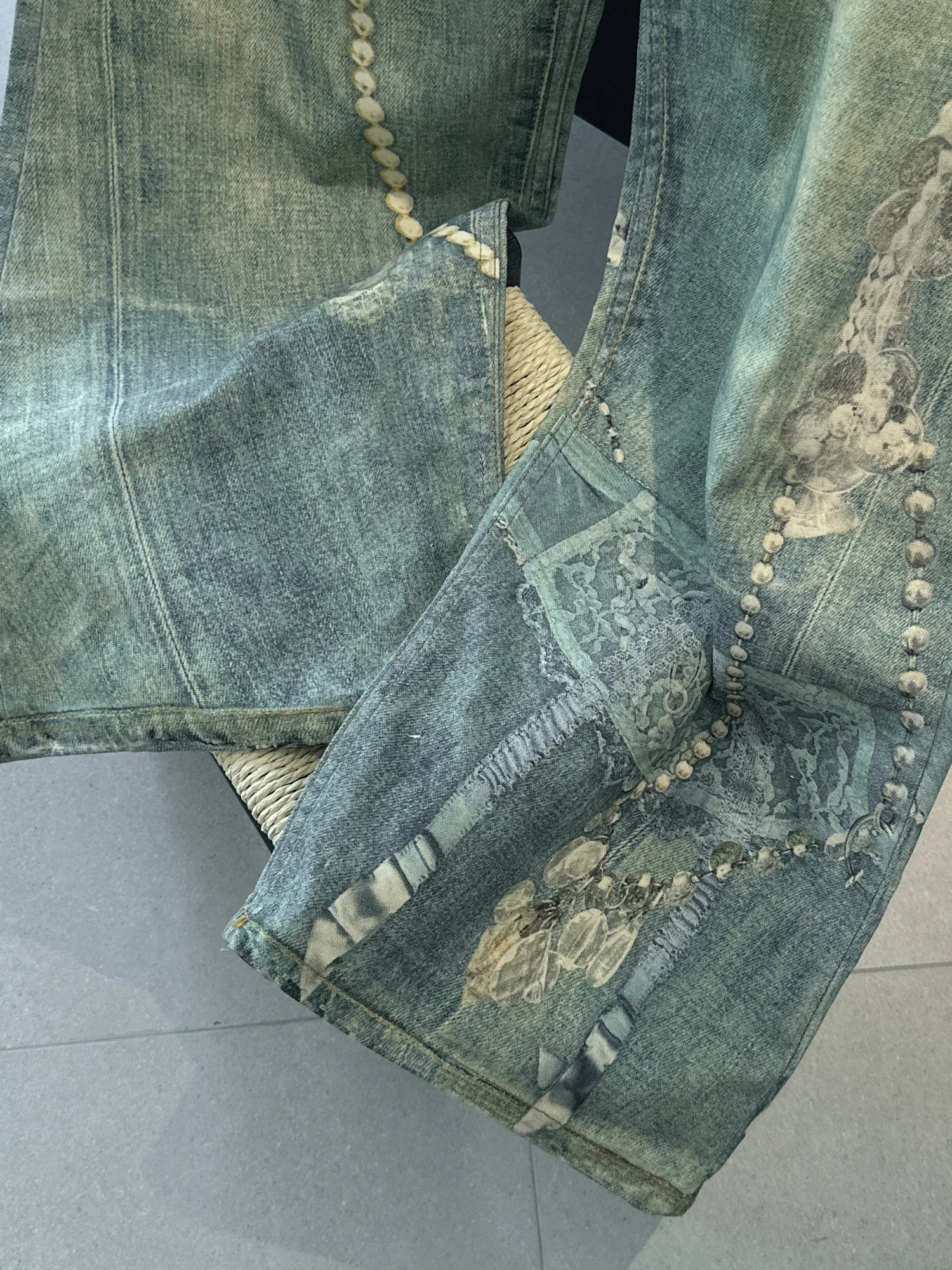 3D Pearl Chain Trompe L'Oeil Straight-Leg Jeans
