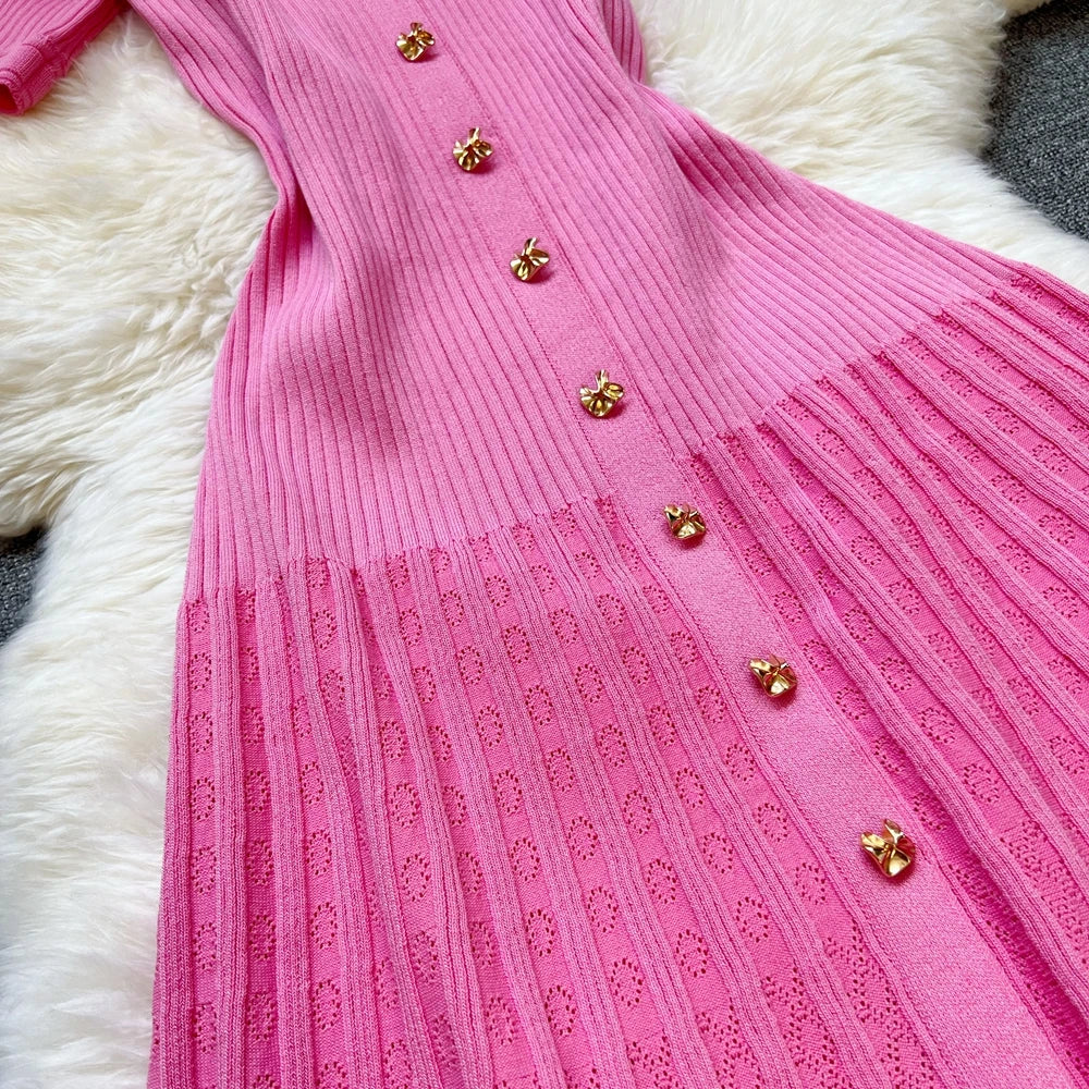 Elegant Collared Knit A-Line Midi Dress