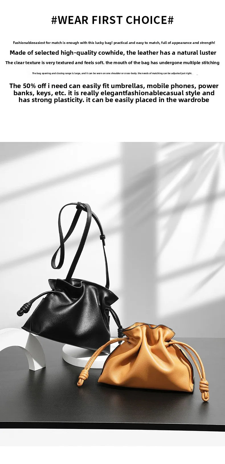 Autumn and Winter Classic Flamenco Fashion Lucky Bag Cloud Bag Genuine Leather Drawstring Shoulder Crossbody Bucket Bag for Wome