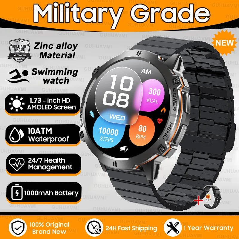 2025 New 1000mAh Battery Sports SmartWatch 1.73" AMOLED Screen 10ATM Waterproof Compass Altimeter Military T-Rex3 Smartwatch Men