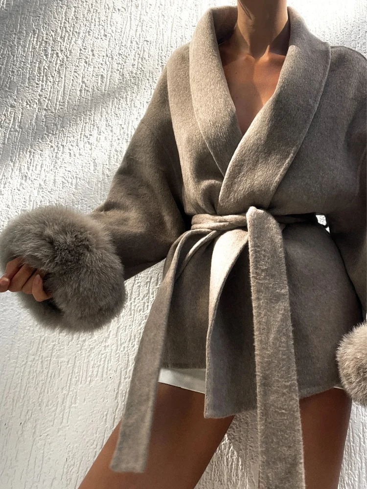 Elegant Lace-Up Woolen Short Coat