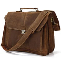 Vintage Crazy Horse Genuine Leather Men Briefcase Large Business Bag Tote Office Bag 15.6“Laptop Case attache Male Shoulder Bag