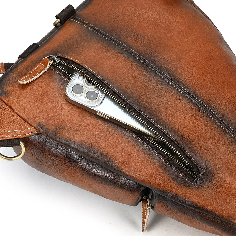 Single Shoulder Bagpack Genuine Leather Chest Bag Outdoor Riding Bag Chest Packs For Biker Men Male Sling Bags Cow Leather
