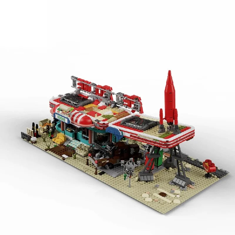 Movie Game Red Abandoned Gas Station Architecture Doomsday House Modular Building Blocks Model Kit Adult DIY Gift 2221PCS