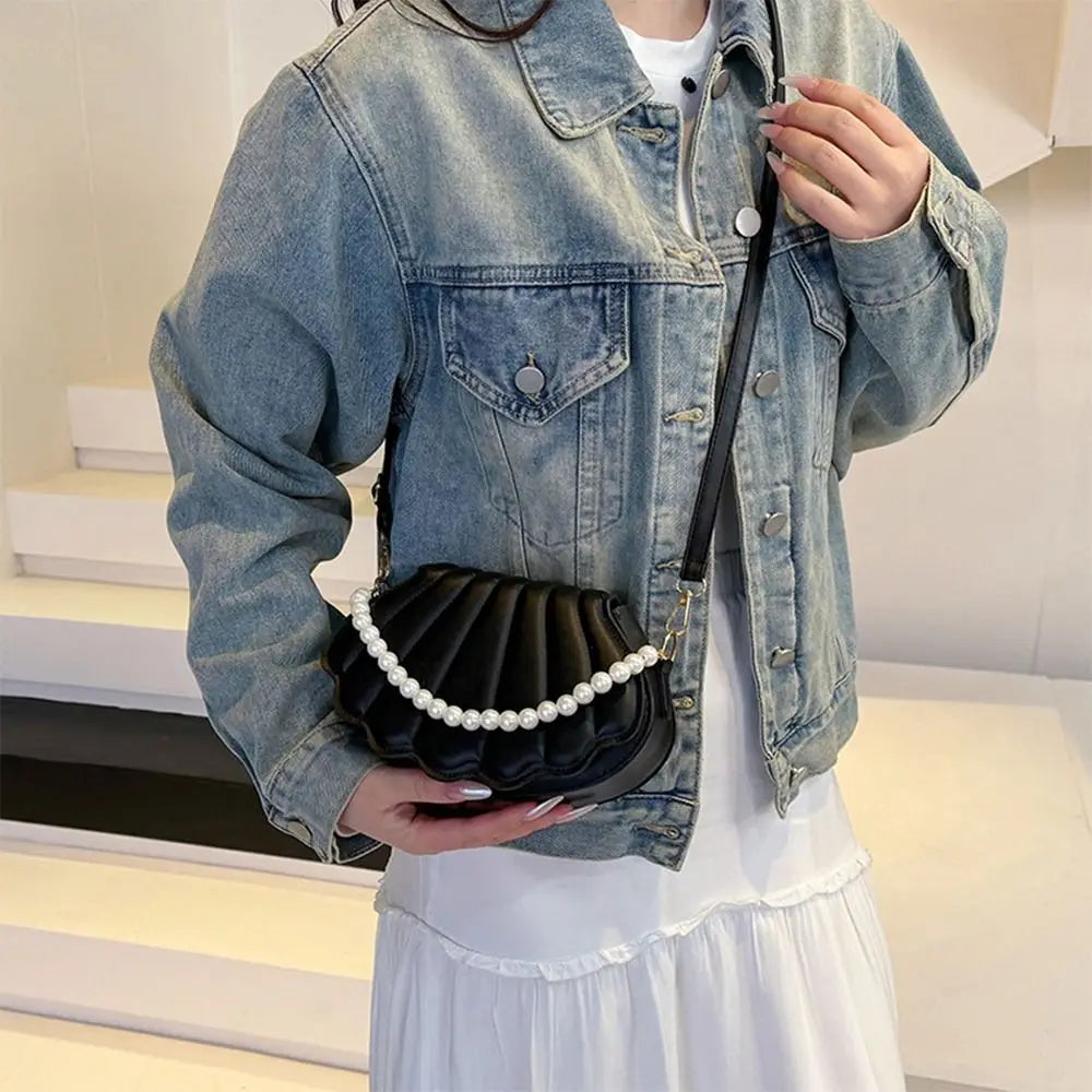 Durable Cute Shell Shoulder Bag Minimalist with Pearls Design Crossbody Bag PU Leather Pearl Decorated Handbag for Women Girls