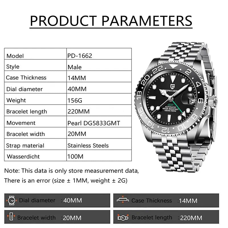 PAGANI DESIGN Men Watch GMT40mm Mechanical Watch Top Brand Sapphire Glass Stainless Steel Waterproof Clock RelogioMasculino Gift