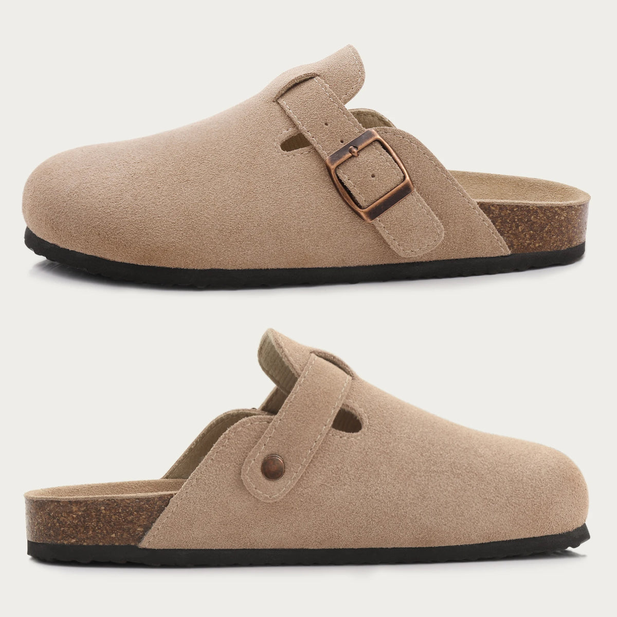 Evshine Men's Suede Clogs Fashion Leather Mules Cozy Footbed Slippers With Adjustable Buckle AntiSlip Cork Slippers Unisex Mules