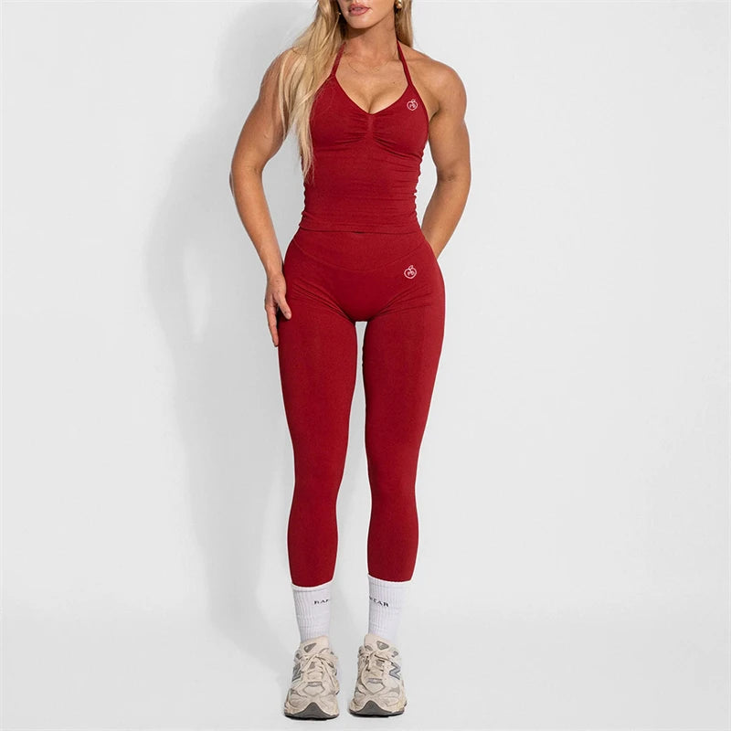 Women's Yoga Set Bum Balance Fitted Halter Tops & Shaping Pants 2pcs Yoga Sportwear Workout Gym Clothing High Waist Leggings Set