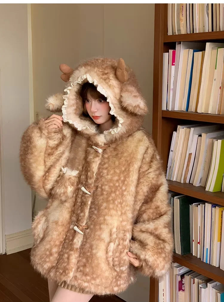 Women's Hooded Faux Fur Coat with Deer Ears