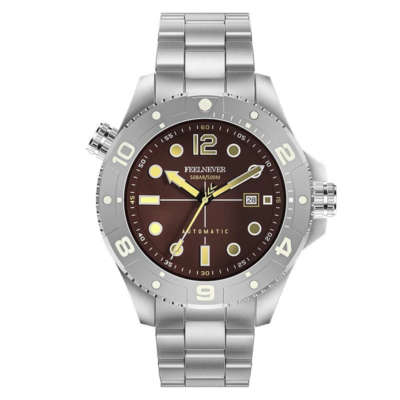 FeelNever Profession Casual Sports Mechanical Man Watch Stainless Steel Sapphire Crystal 50Bar Auto Date Wristwatch Reloj Hombre