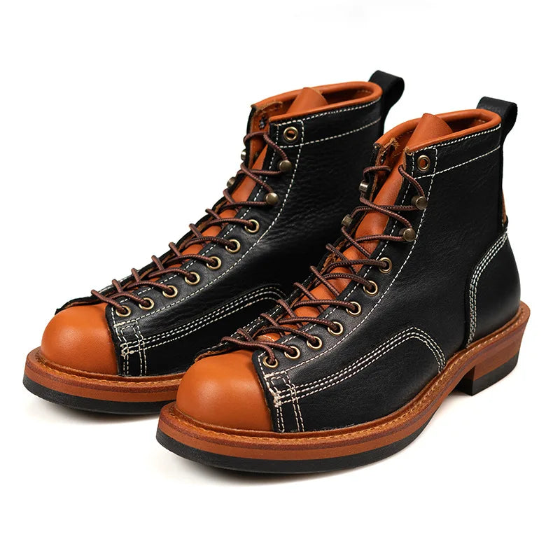 KOWM Hiking shoes men's cowhid boots British leather trekking shoes thick soled ankle sneakers cowhide high top motorcycle boots