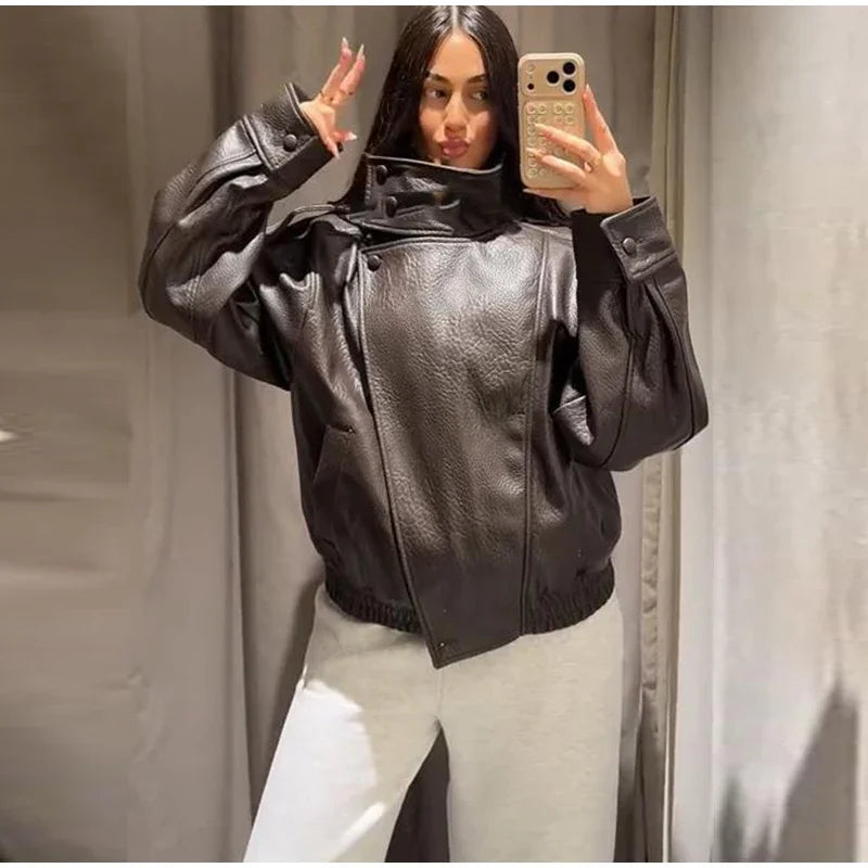 2026 Autumn Women's Faux Leather Jacket Brown Black Long Sleeve Stand Collar Thick Loose Lady Coat Fashion Motorcycle Streetwear