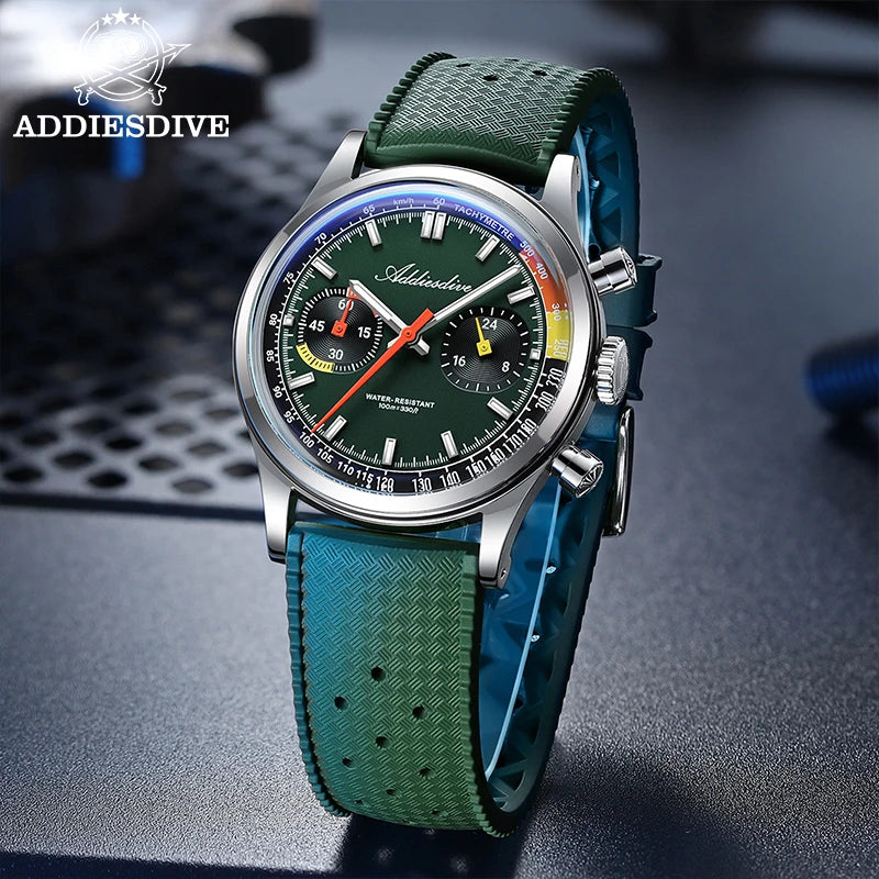 ADDIESDIVE New Men Watch 38mm VK64 Chronograph Fluororubber Luxury Domed Glass BGW9 Luminous 100m Waterproof Quartz Wristwatch