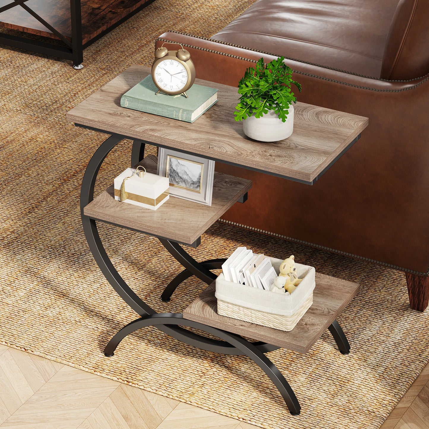 Tribesigns C-Shaped End Table, Industrial 3-Tier Small Table for Couch, Wood Bedside Table Snack Table with Storage Shelves