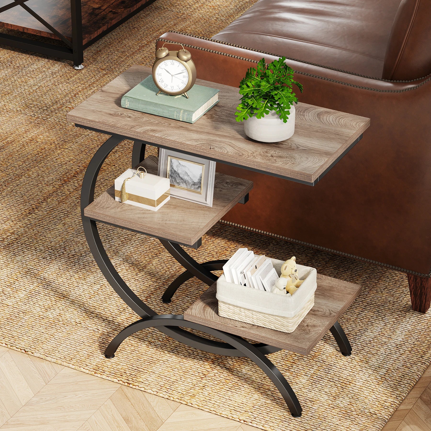 Tribesigns C-Shaped End Table, Industrial 3-Tier Small Table for Couch, Wood Bedside Table Snack Table with Storage Shelves