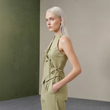 Women Green Bowknot Wide-leg Pant Suits Chic Solid Sleeveless Lace Up Slim Fit Long Pant Sets 2026 Lady Daily Street Outfits New