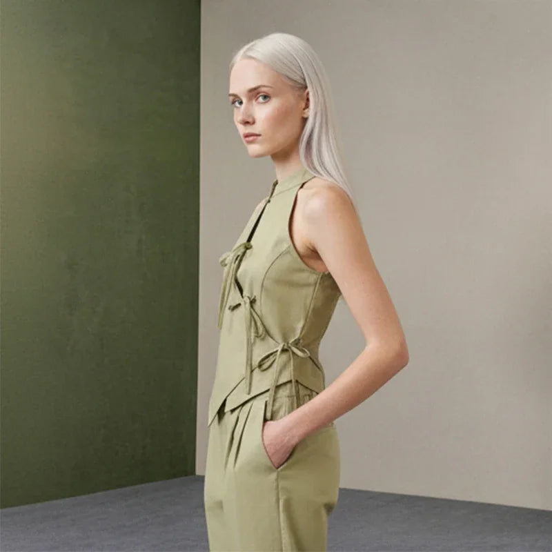 Women Green Bowknot Wide-leg Pant Suits Chic Solid Sleeveless Lace Up Slim Fit Long Pant Sets 2026 Lady Daily Street Outfits New