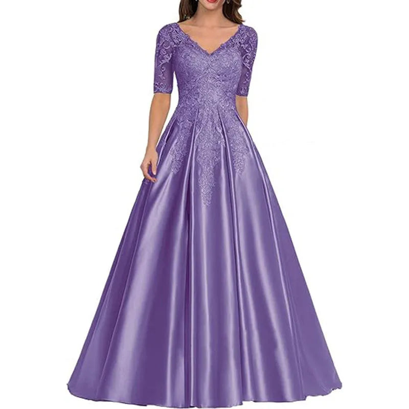 A Line Women Evening Dresses Satin Appliques V Neck Prom Party Gowns Formal Occasion robes de soirée
