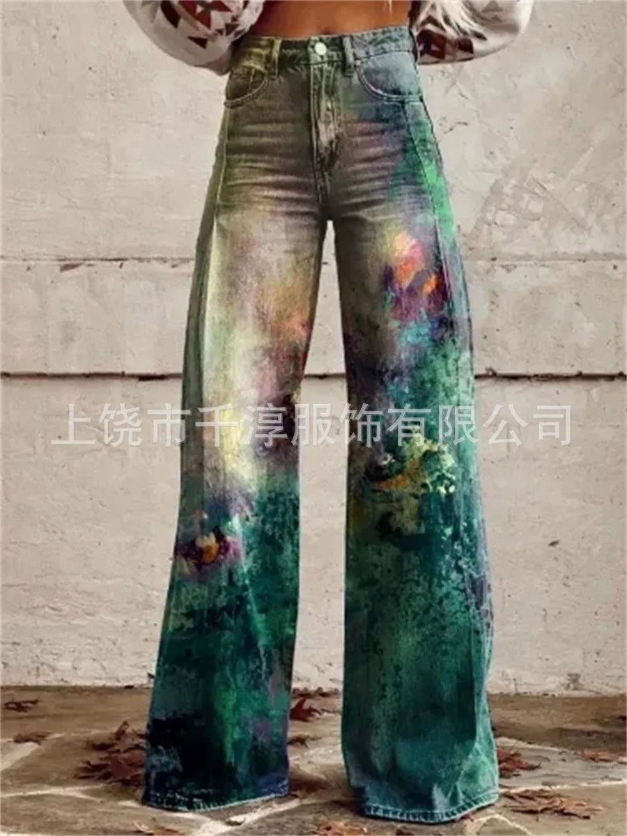 Women's 3D Print Wide-Leg "Jeans" – Trendy Low-Waist Flare Pants
