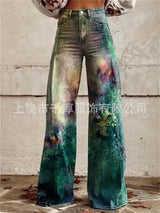 Women's 3D Print Wide-Leg "Jeans" – Trendy Low-Waist Flare Pants