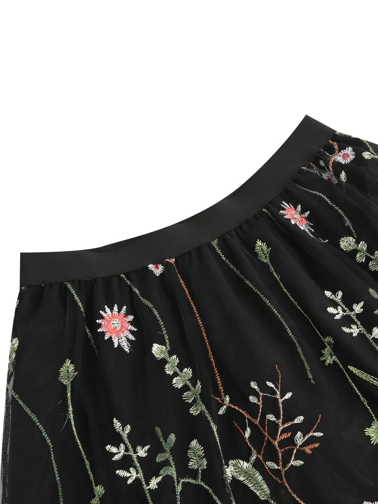 Tonval Floral Embroidered Mesh Midi Skirt – Elegant & Vintage
