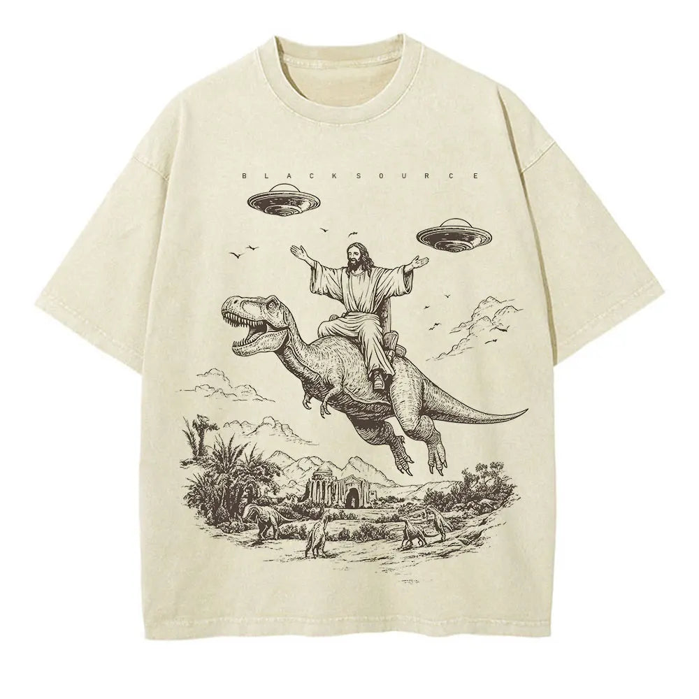 T075 Cartoon Dinosaur Print Fashion T-Shirt Women's Unisex Wash Distressed Vintage Tee Student Fashion Design Vacation Top