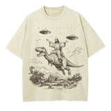 T075 Cartoon Dinosaur Print Fashion T-Shirt Women's Unisex Wash Distressed Vintage Tee Student Fashion Design Vacation Top