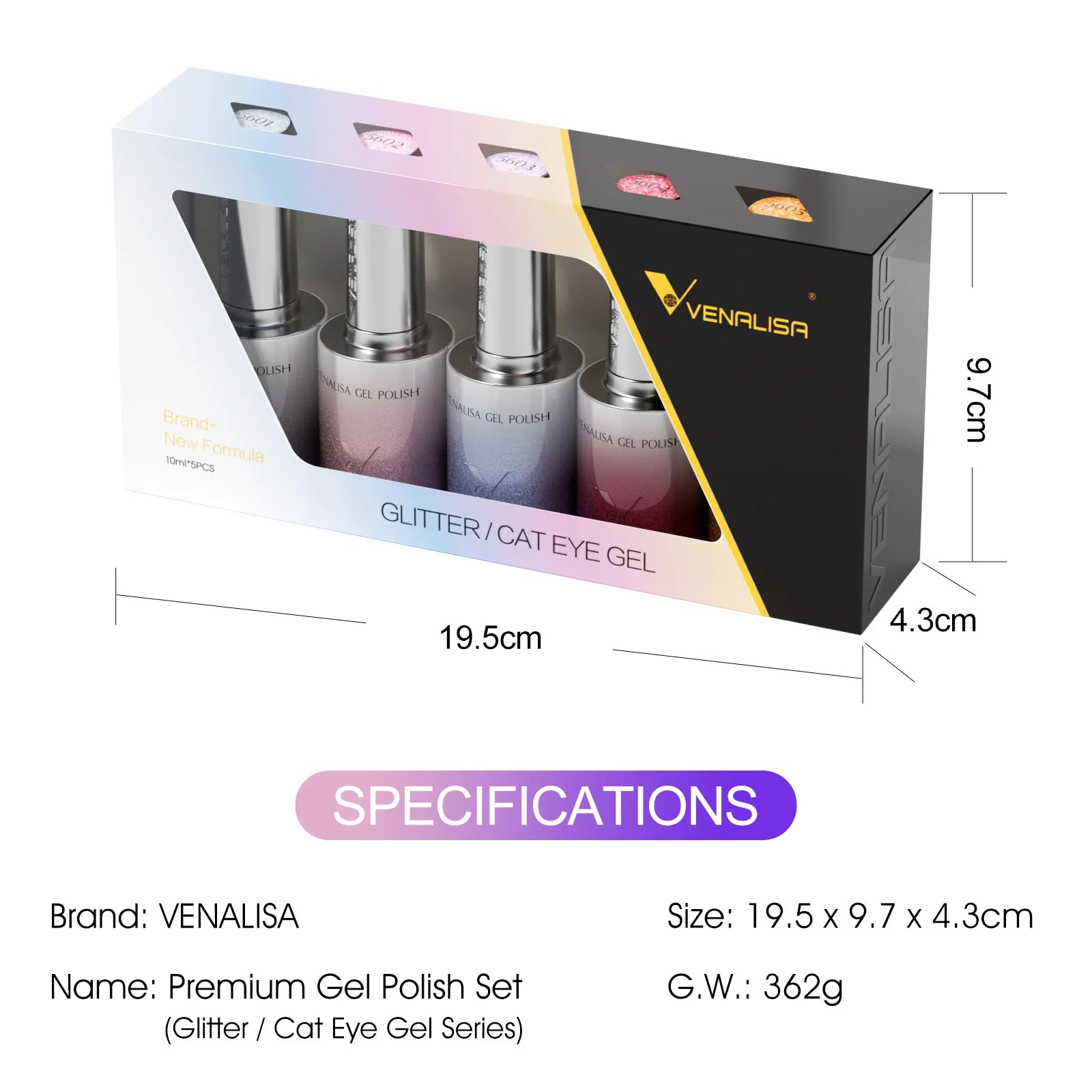 5pcs Venalisa Hema/TPO Free Cat Eye Nail Gel Polish Color Palette Kit Ultra Glitter Diamond Sparkle Soak Off UV LED Varnish Set