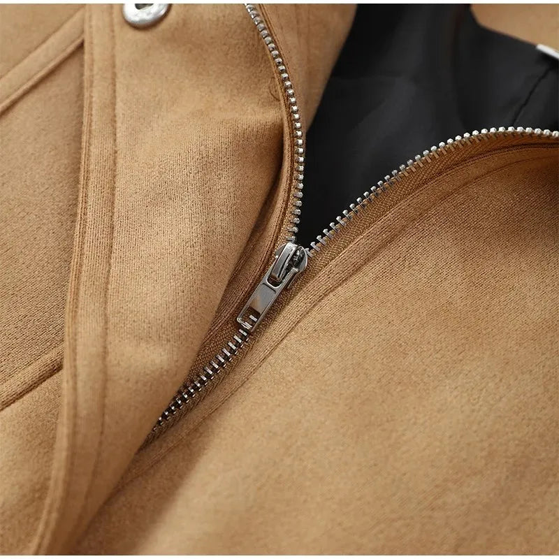 Brown Retro Suede Lapel Zippered Short Jackets Women's Casual Full Sleeves Pocket Loose Coats 2026 Spring Daily Commute Outwear