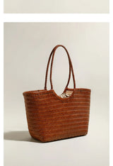 Leather woven bag, large-capacity women's tote bag, holiday leisure top layer cowhide shoulder bag, vegetable basket bag.