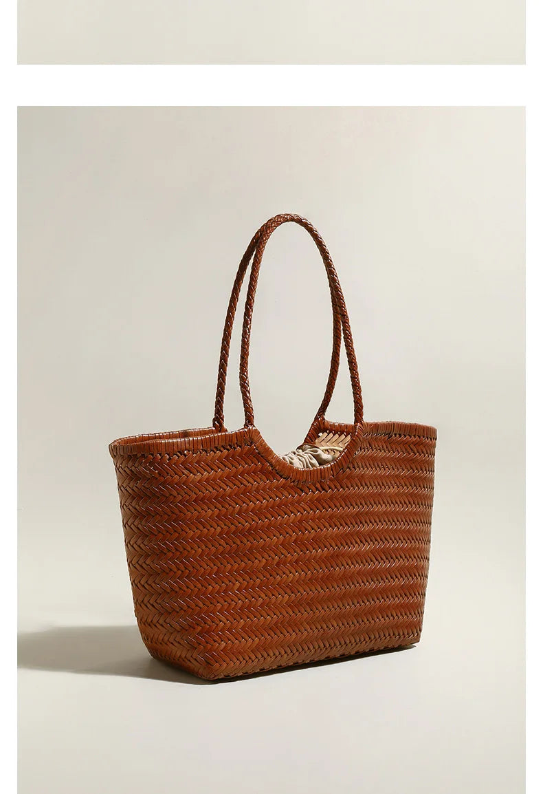 Leather woven bag, large-capacity women's tote bag, holiday leisure top layer cowhide shoulder bag, vegetable basket bag.