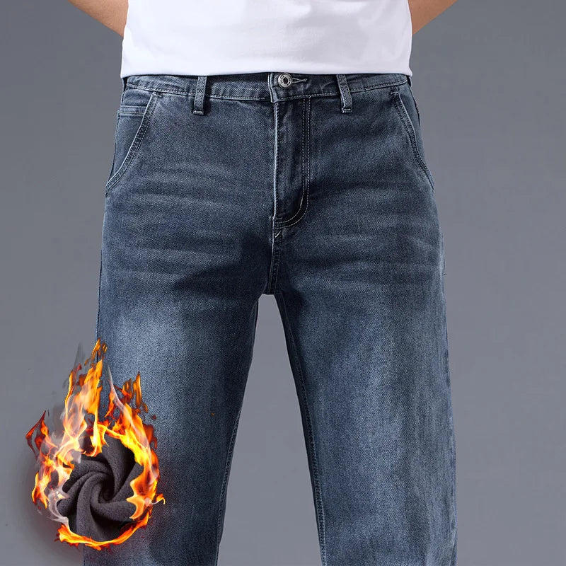 Men's Winter Fleece Thicken Lightweight Business Straight Leg Jeans Solid Color Versatile Slight Elastic Long Pants