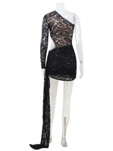 Elegant Lace One-Shoulder Mini Dress | Sheer Long Sleeve Streetwear