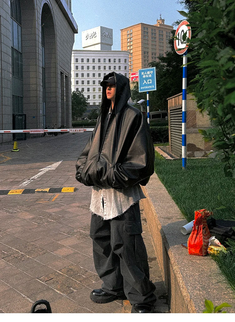 Men’s Oversized Hooded Faux Leather Jacket