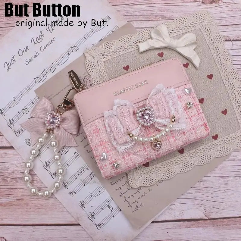 Kawaii Sweet Japanese Lolita Bow Wallet JK Harajuku Y2K Lace Rhinestone Short Wallet Mini Purse Card Holder Women Girls Gift