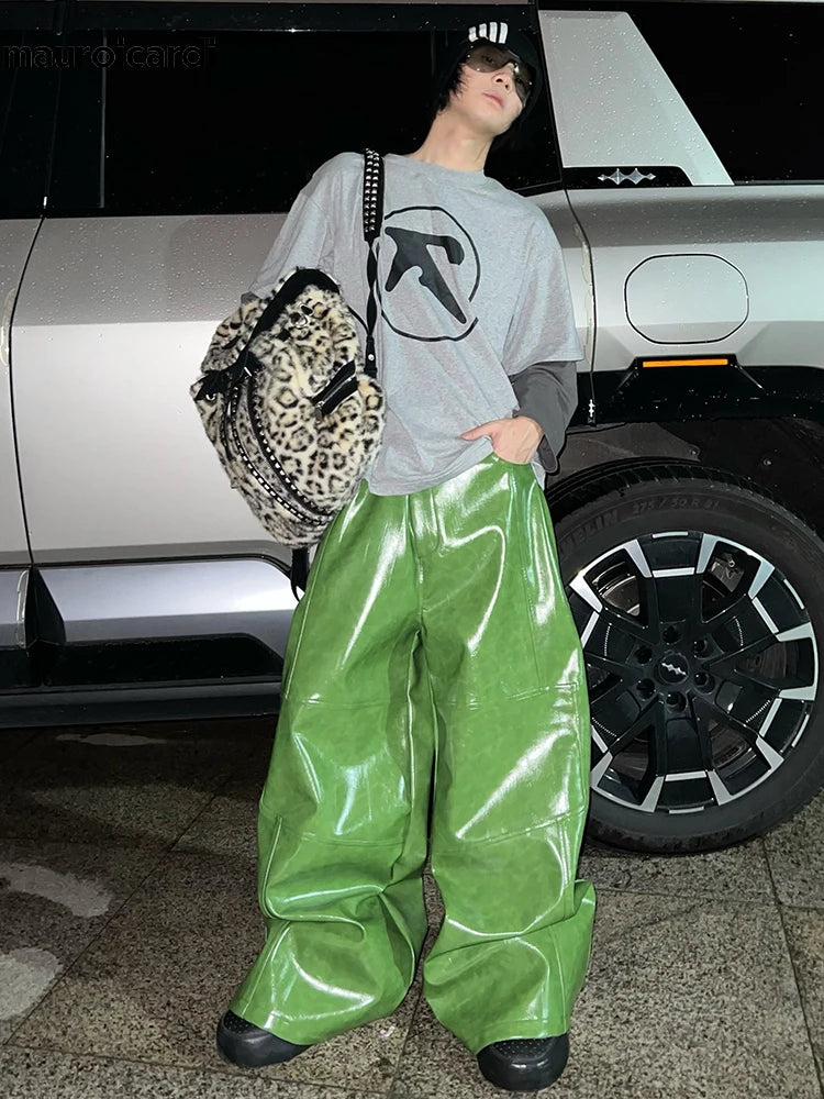 Olive Green PU Leather Wide Leg Pants — Men's Y2K Streetwear Trousers