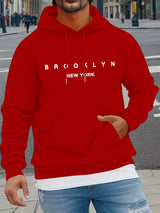 Men's Autumn and Winter Casual Fashionable Loose Brooklyn Classic Letter Printed Long-Sleeved Warm Hooded Pullover