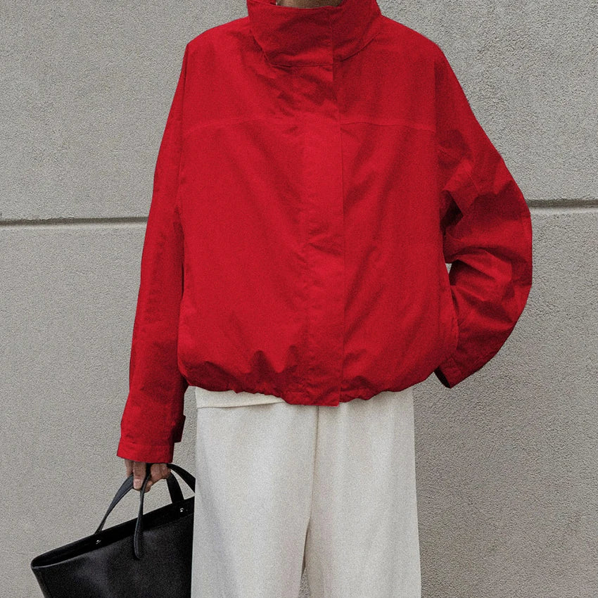 Linad Street Chic Red Turtleneck Zipper Jackets Autumn Casual Long Sleeve Outerwear Fashion Coats For Woman Tops Female 2025