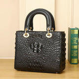 Crocodile-Embossed Genuine Leather Structured Handbag