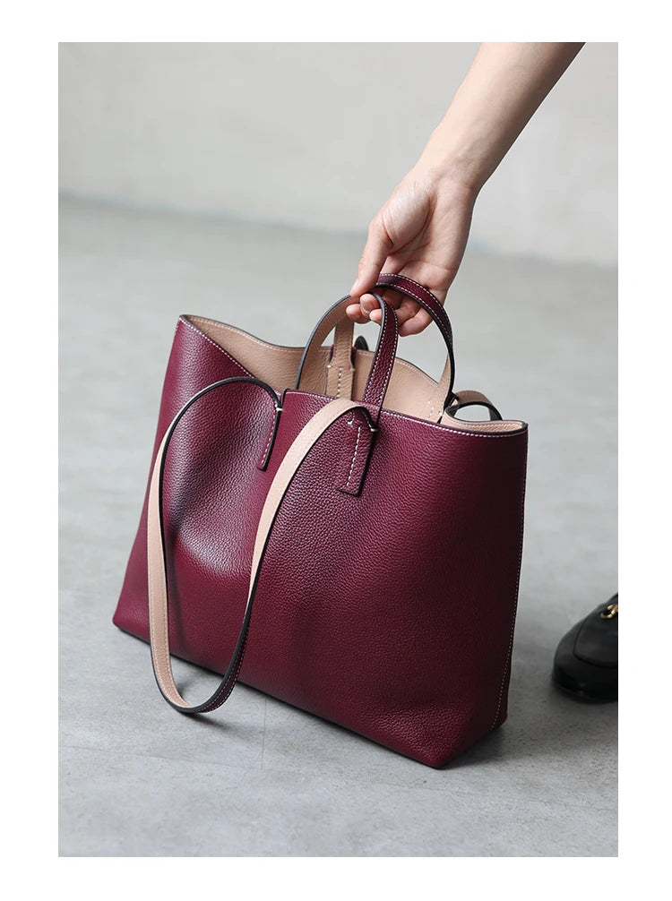 JAZZQ Reversible Genuine Leather Tote | First-Layer Cowhide