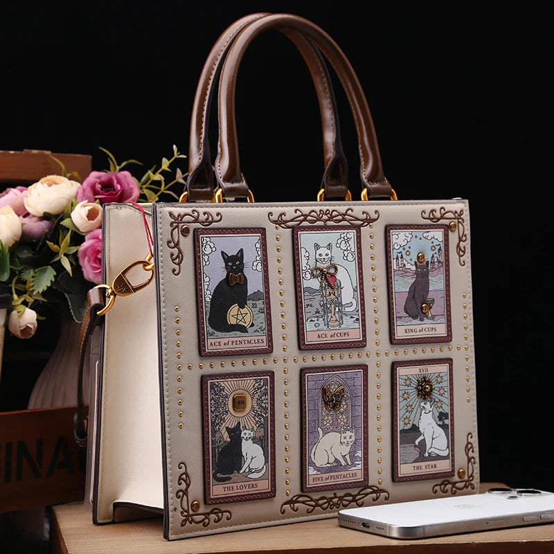 Vintage Luxury Leather Tote – Designer Cat Embroidery Shoulder Bag