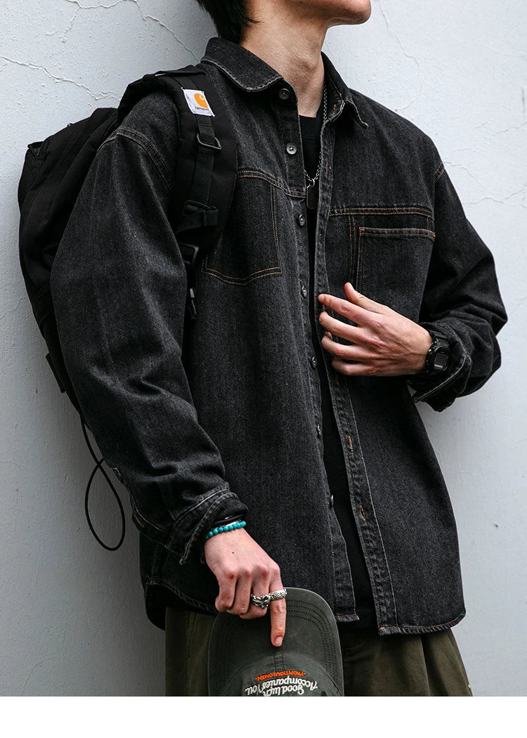 Mens High Quality Custom Weave Slub Deconstructed Patchwork Denim Shirt Trendy Distressed Wash Streetwear Casual Long Sleeve