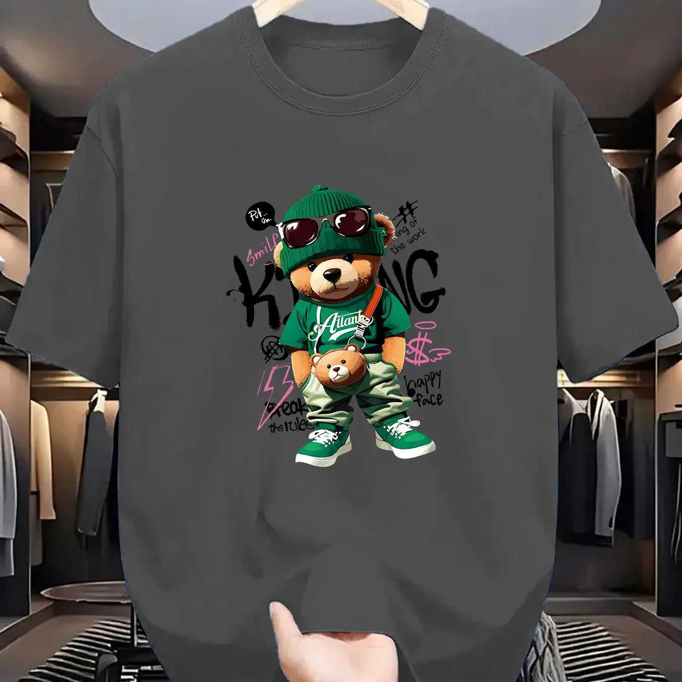 Men’s Geometric Bear Print 100% Cotton Oversized T-Shirt