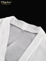 Clacive Casual Loose White 2 Piece Sets Women Outfit 2025 Elegant Long Sleeve Robes With Mid Waist Shorts Set Female Clothing