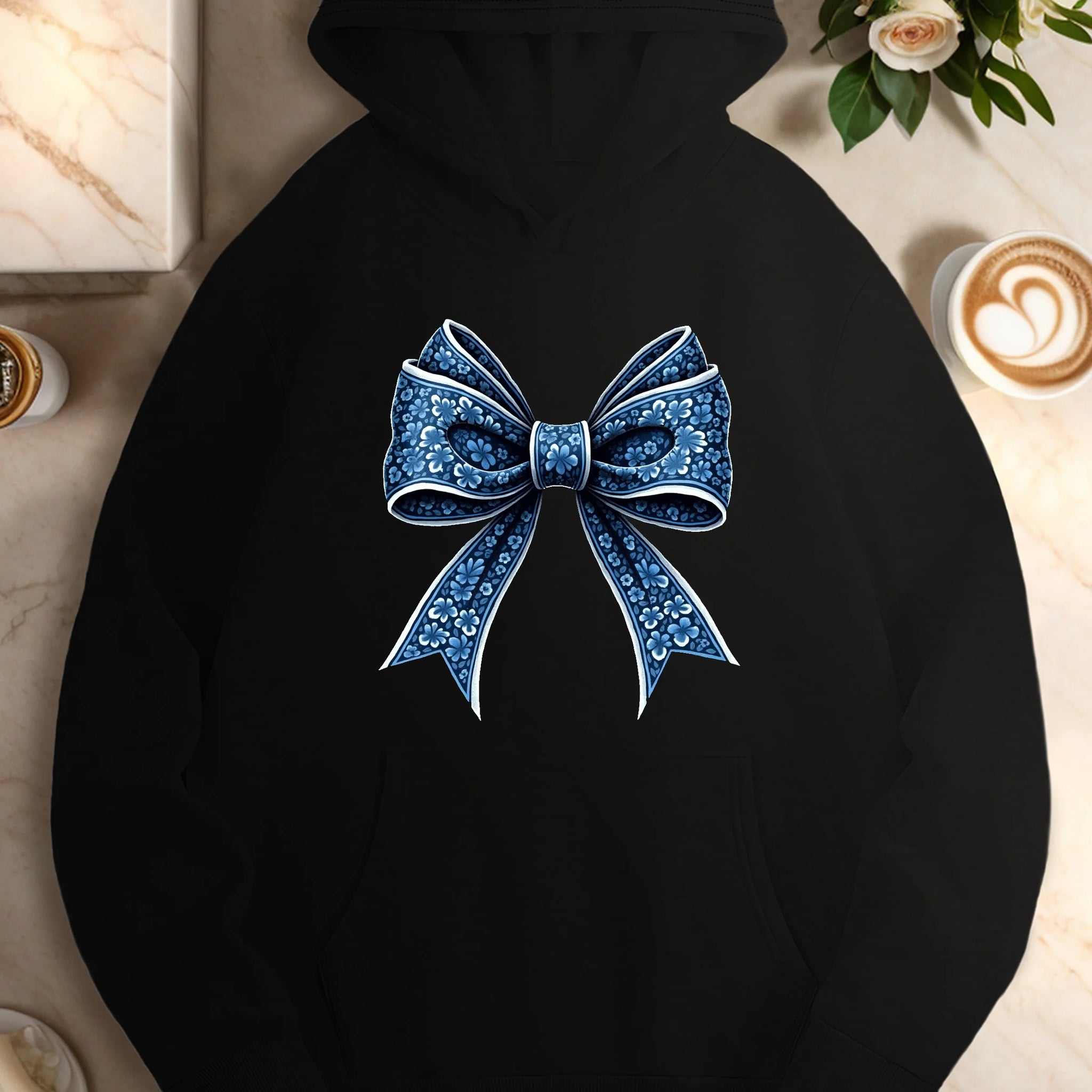 Floral Bow Accent Casual Hoodie