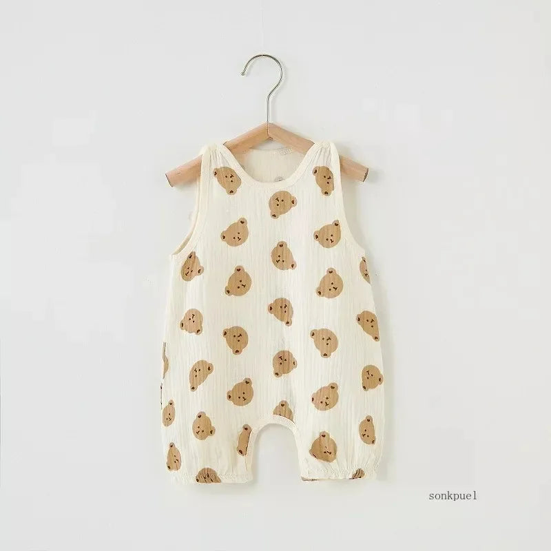 Summer Baby Girls Romper Cartoon Bear Newborn Jumpsuits Infant Sleeveless Muslin Clothing for Boys Printed Outfits