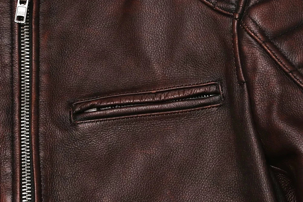 2025 Vintage Brown Genuine Leather Jacket Real Natural Cowhide Men Motorcycle Biker Coat Mens Slim Calf Skin Coat